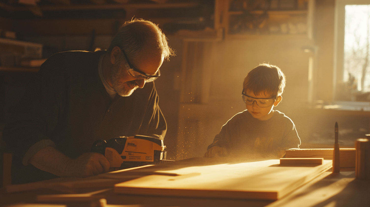 An adult cutting plywood with a coping saw, child observing safely nearby