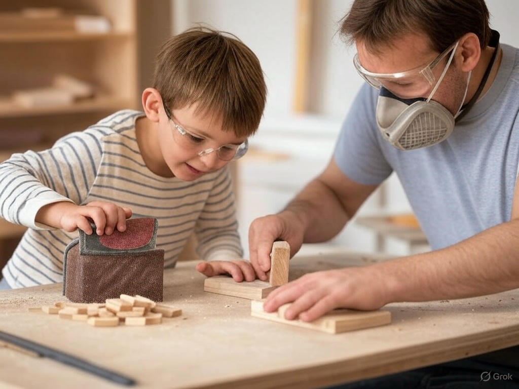 Sanding wooden blocks to create smooth, child-safe edges
