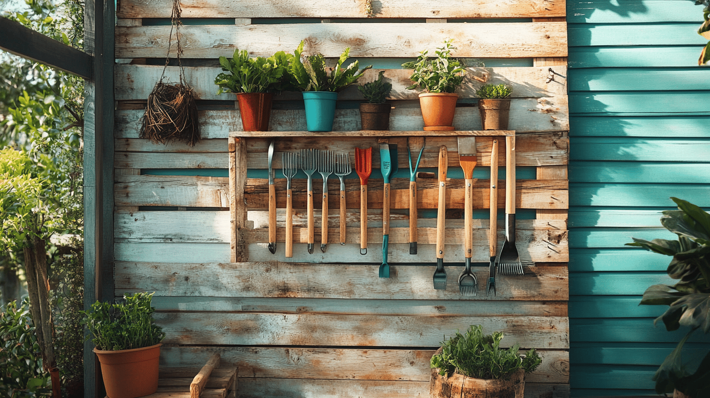 Organized garden tools on the completed storage system