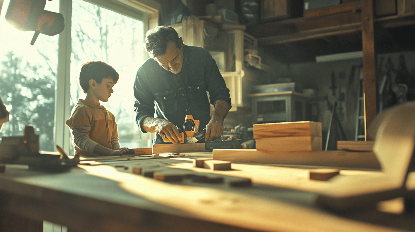 An adult cutting wood with a handsaw, child watching