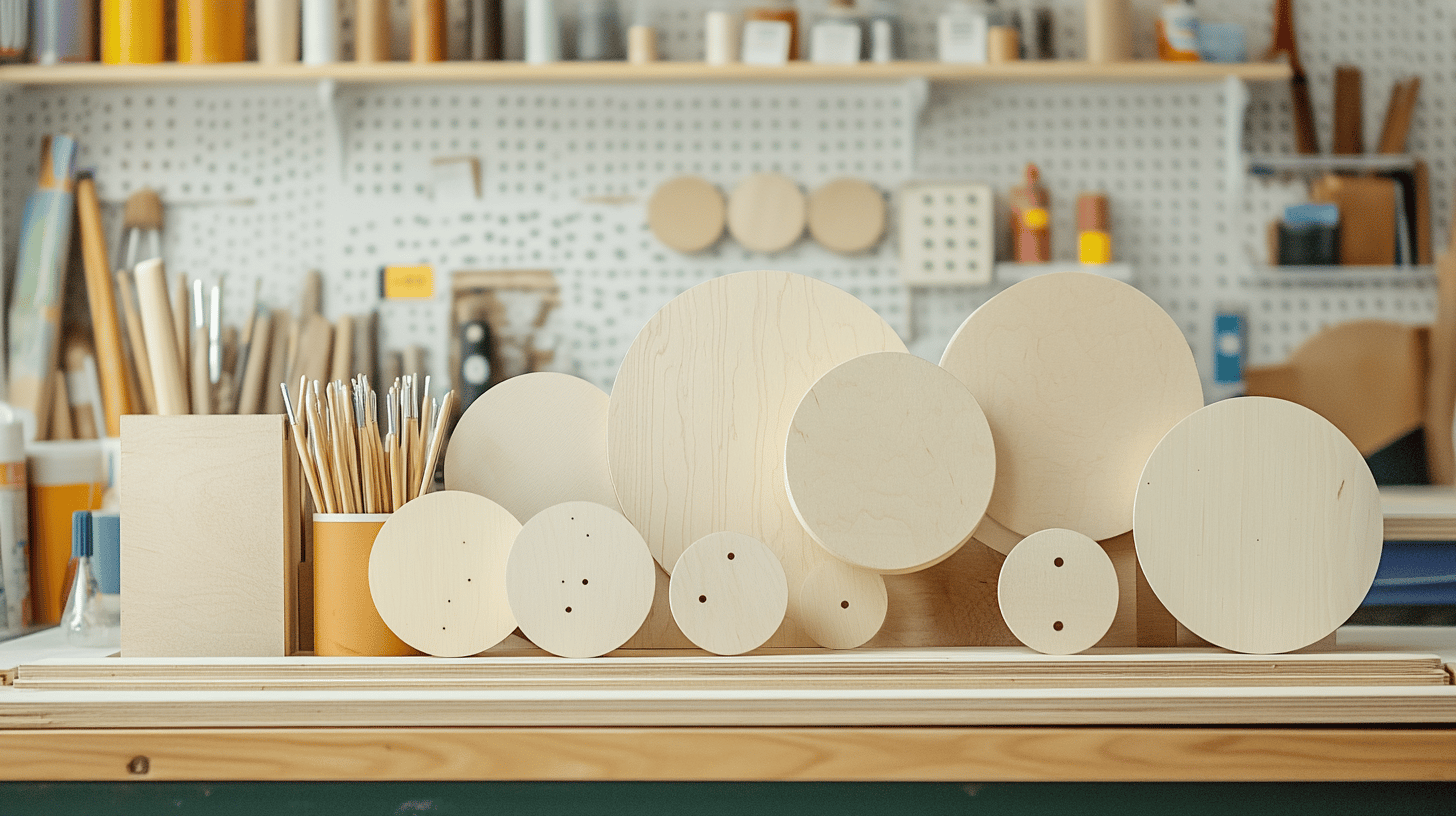 A variety of pre-cut wooden circles on display