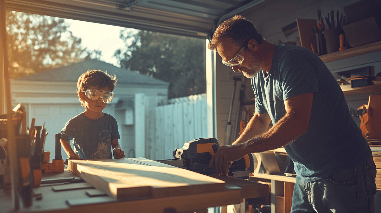 Cutting measured pieces of wood for the picnic table