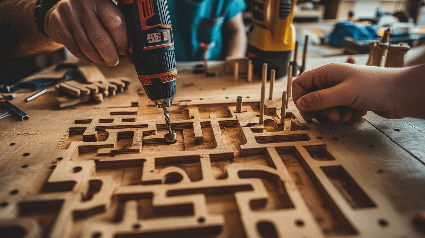 Drilling holes in the maze base and inserting dowels as obstacles