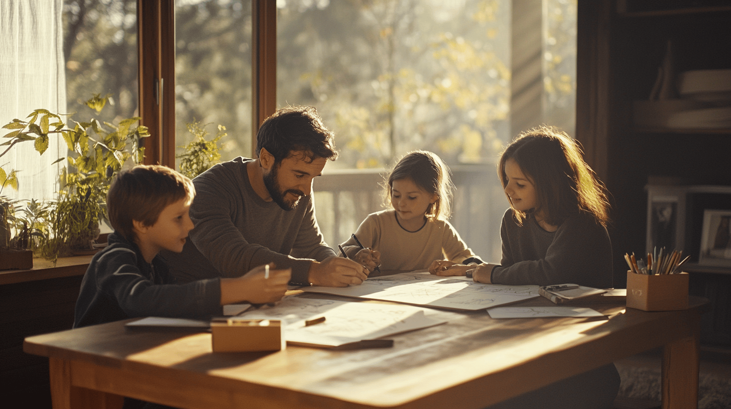 A family looking at a bird guidebook and sketching designs