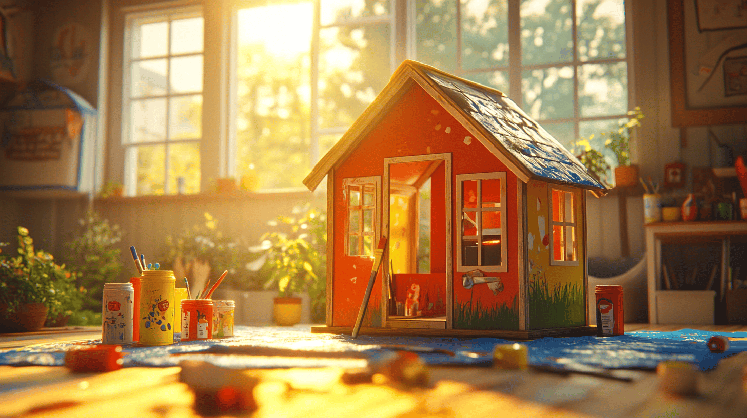 A child painting the playhouse with bright colors