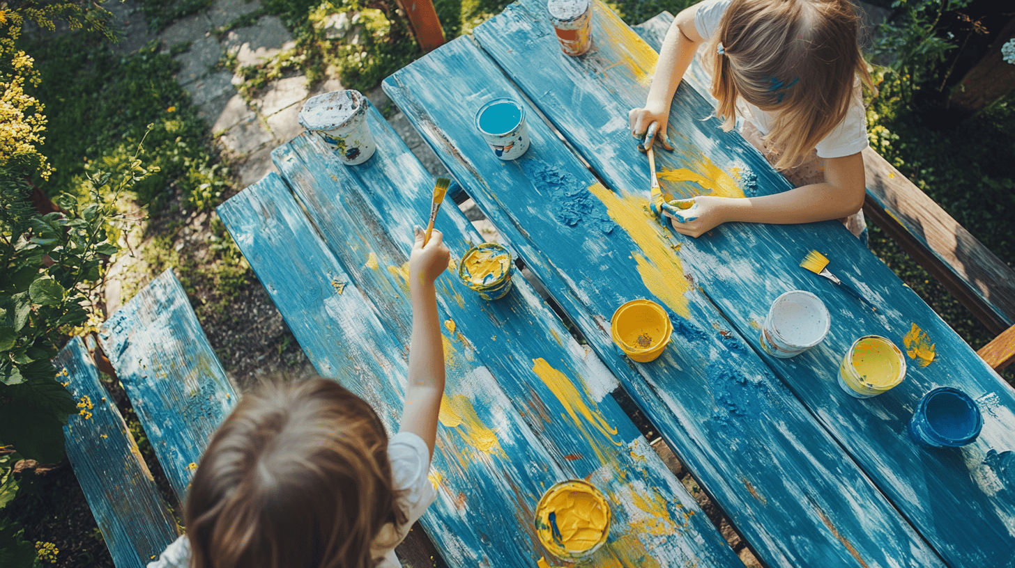 Painting the completed picnic table with kid-friendly colors