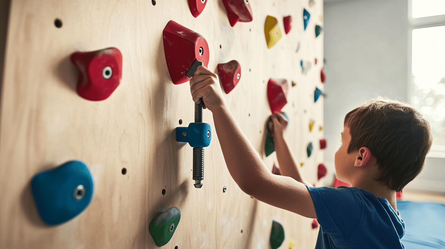 Installing colorful climbing holds on the completed wall