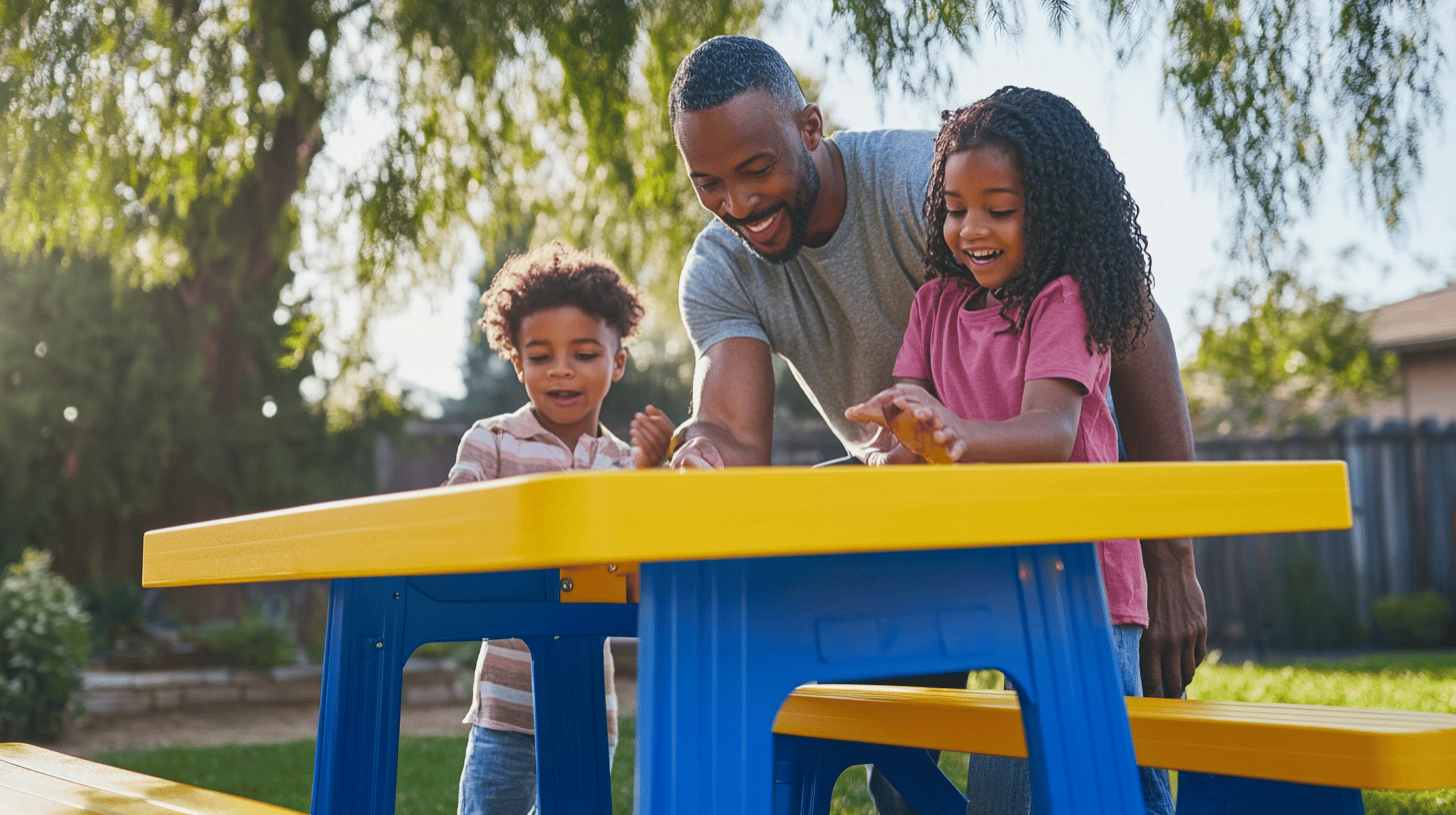 Performing a final safety check on the completed kids picnic table
