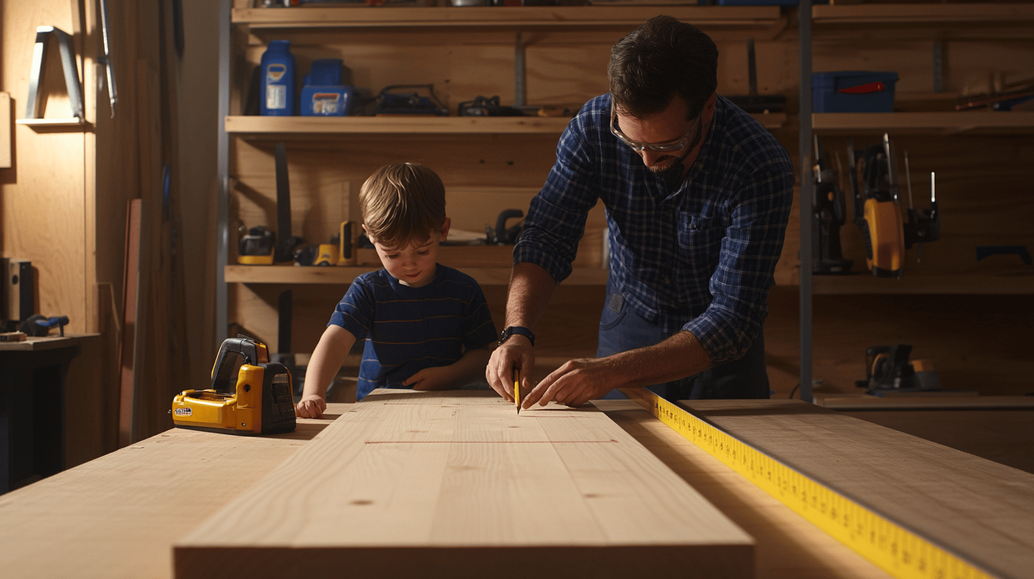 Measuring and marking wood for cutting a kids bookshelf