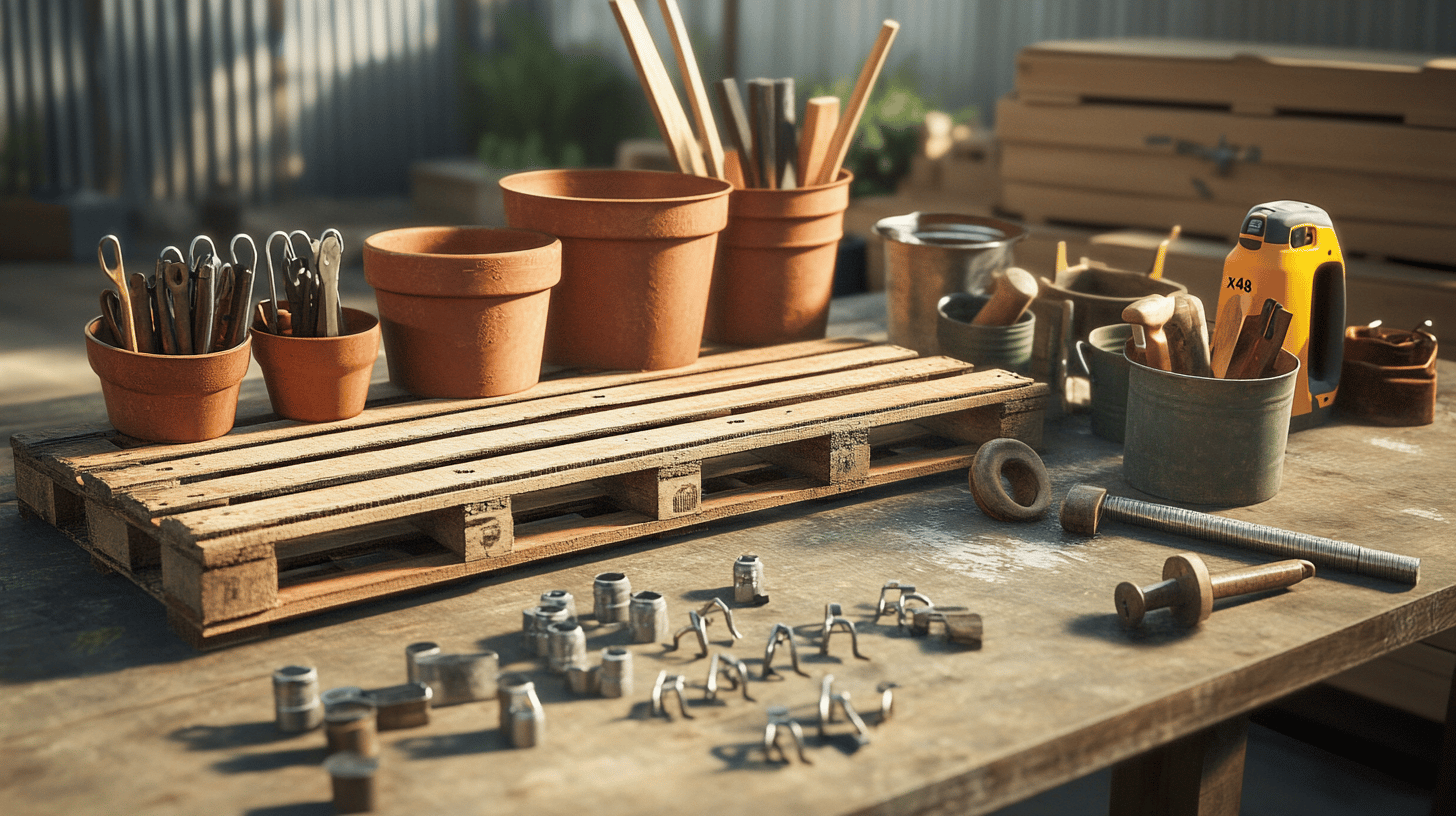 Collection of recycled materials including pallet, hooks, and buckets