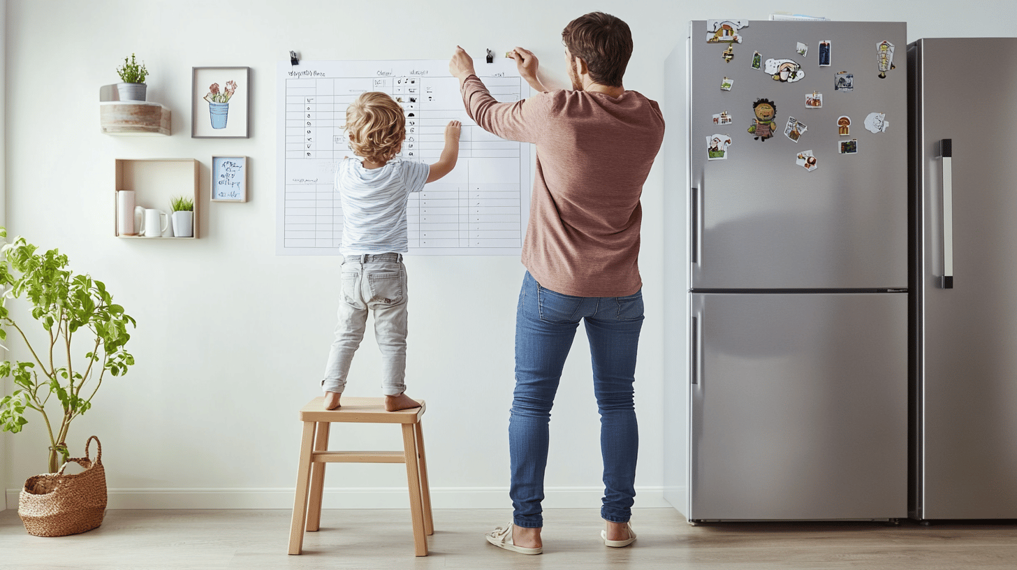 Family hanging the completed chore chart on a wall