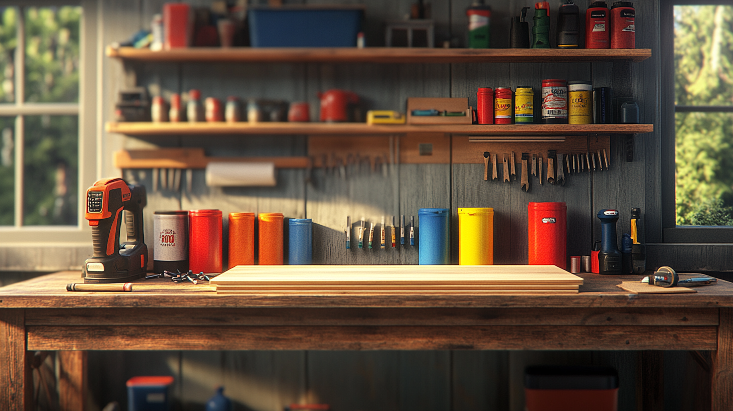 A collection of wood boards, screws, and paint cans on a workbench