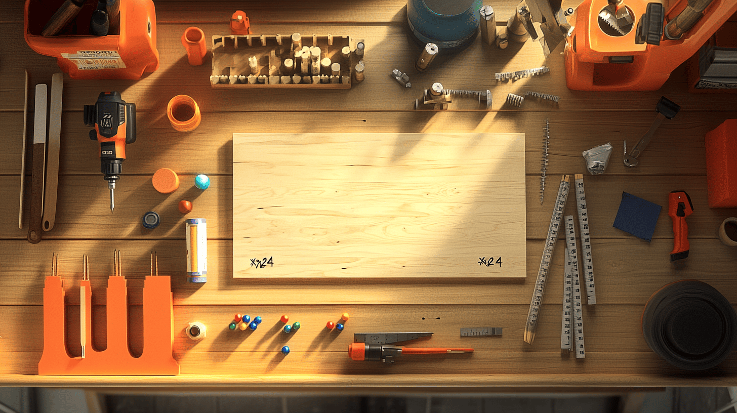 A collection of plywood, dowels, marbles, and tools neatly arranged on a workbench