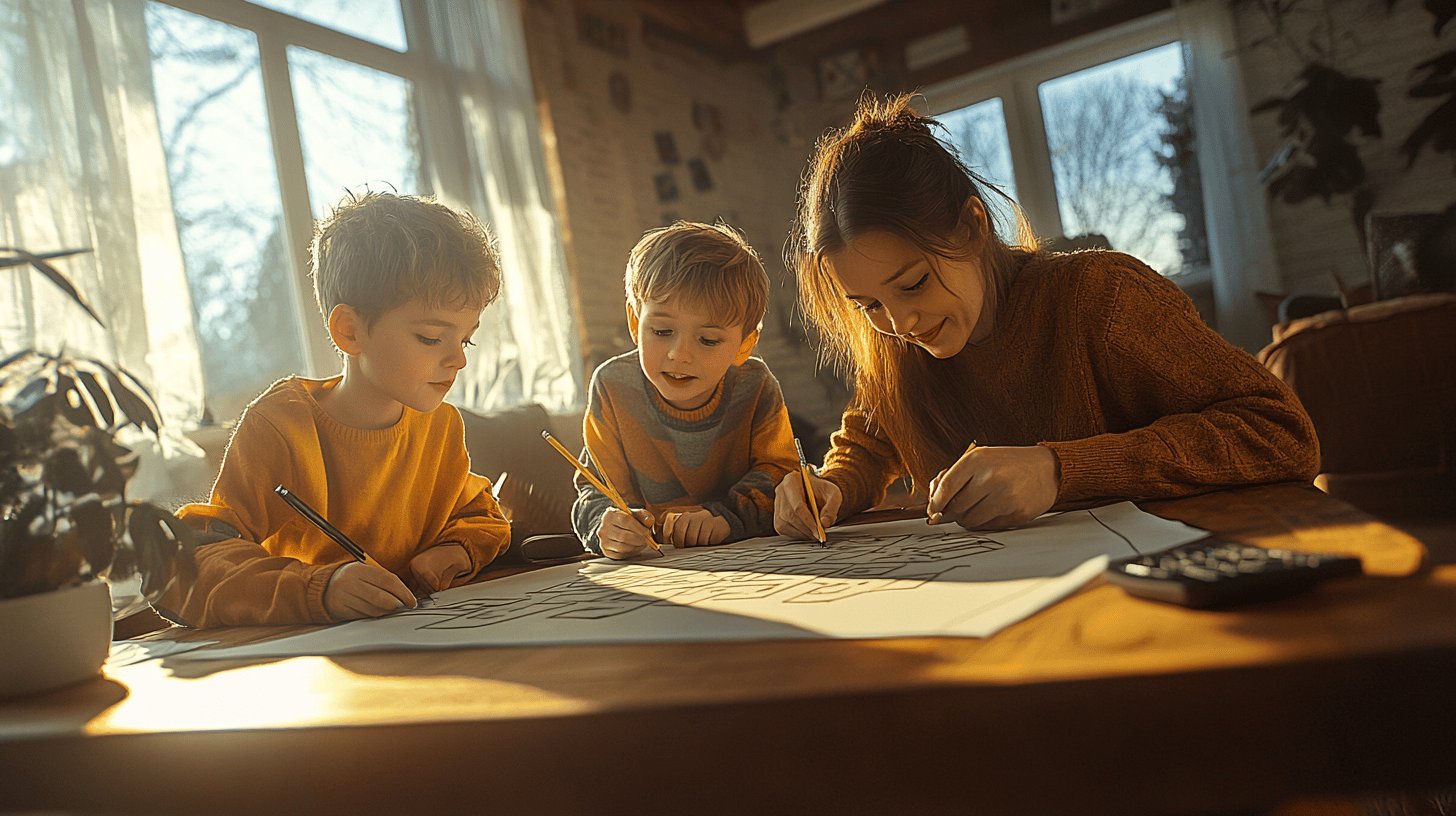 A family sketching maze designs on paper with a ruler and pencil