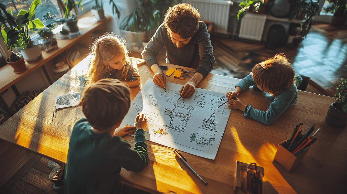 A family sketching playhouse designs on paper
