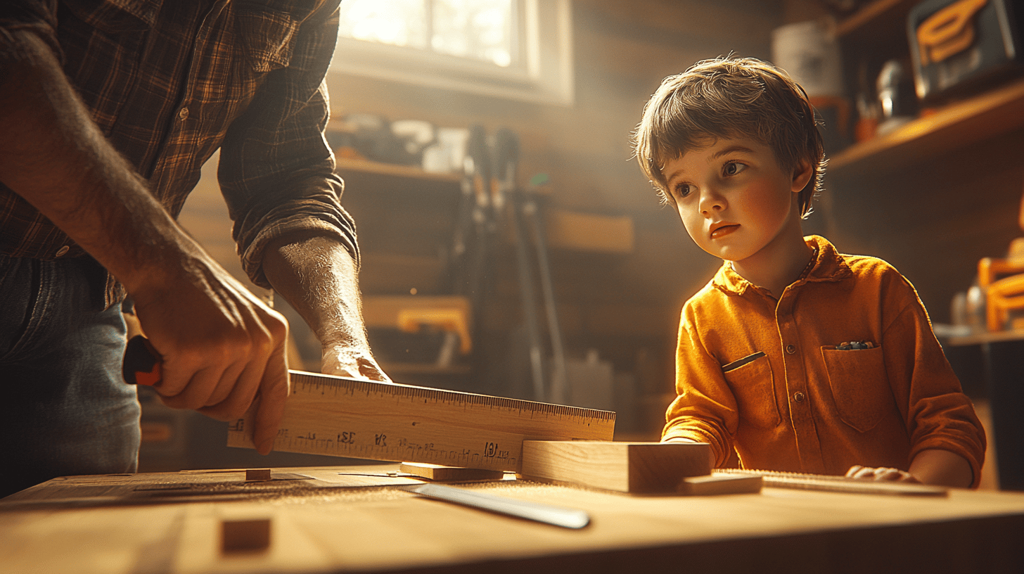 An adult cutting wood with a handsaw, child watching