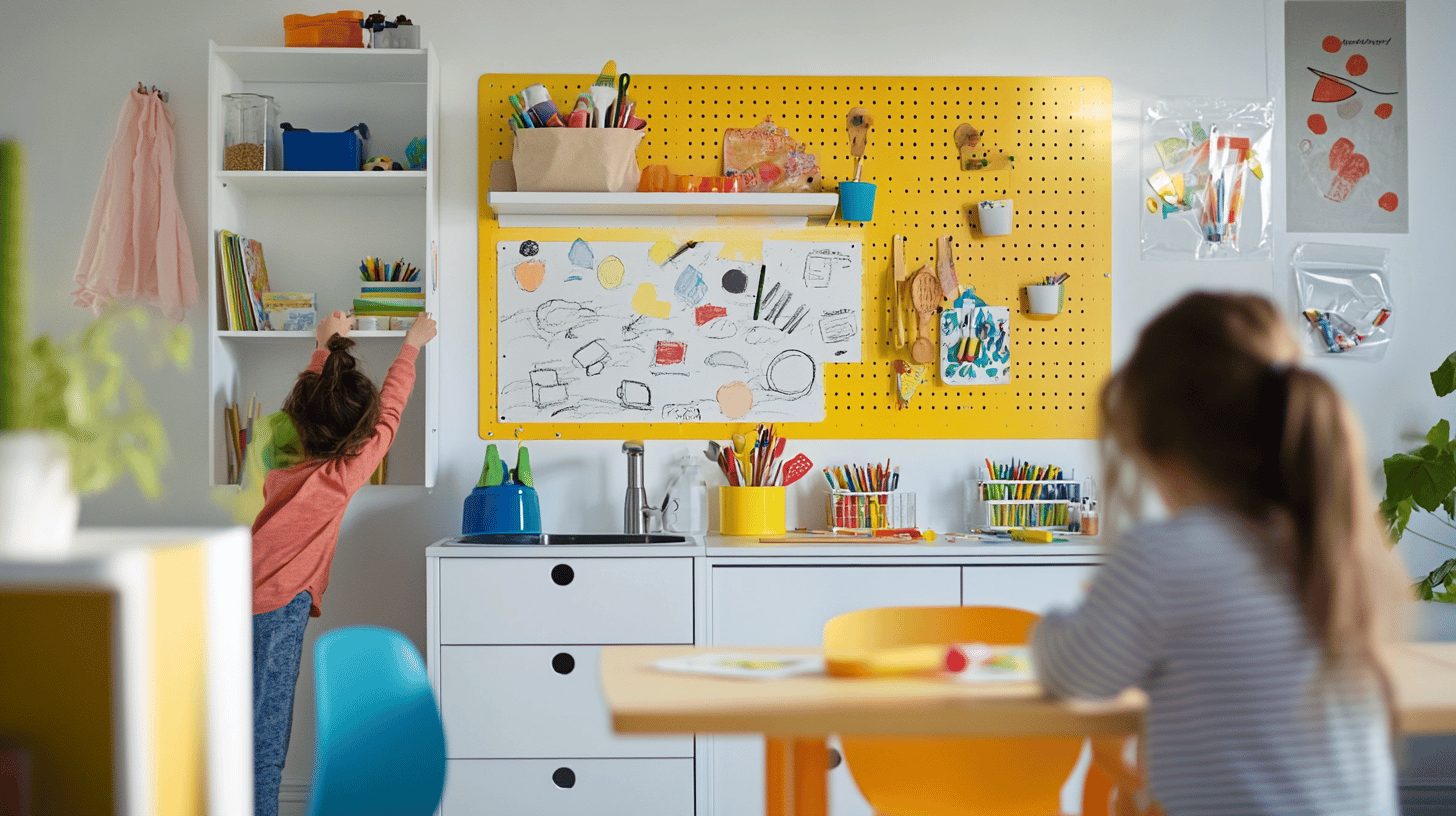 Organized art supplies on the completed pegboard art station