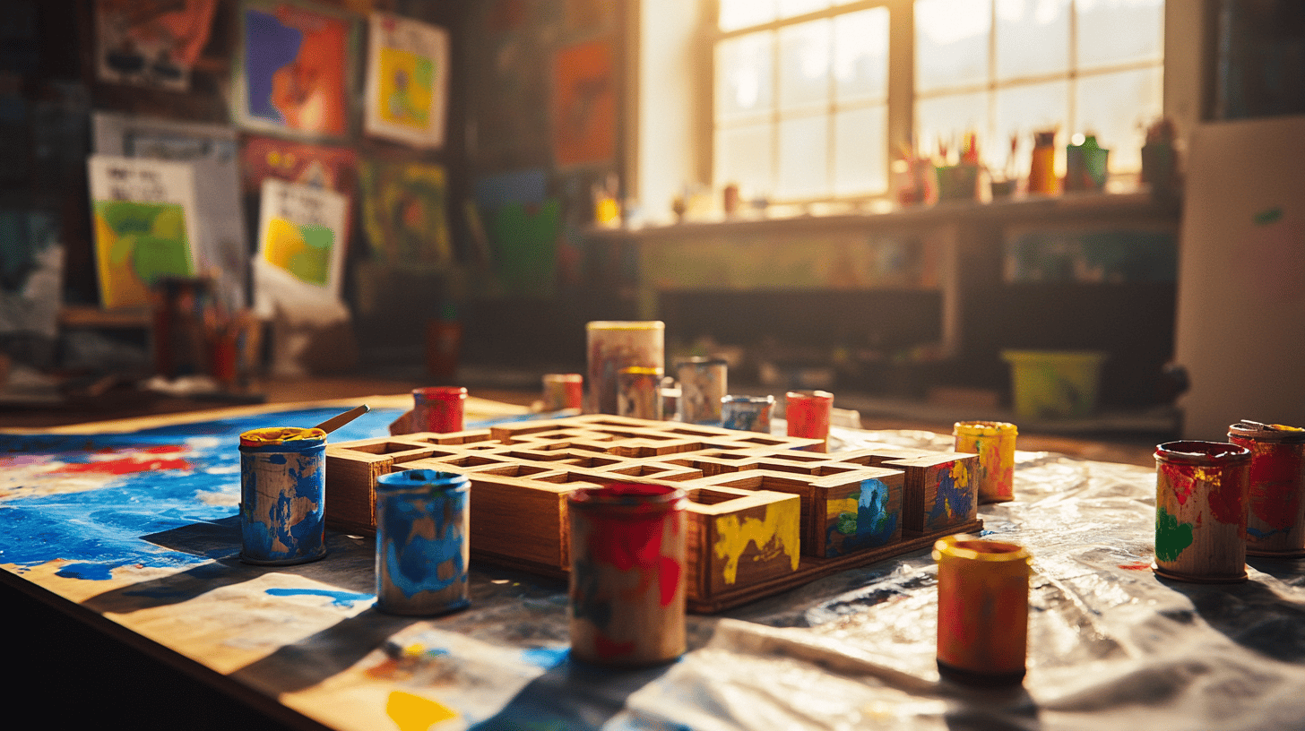 A child painting the maze with non-toxic paint in bright colors