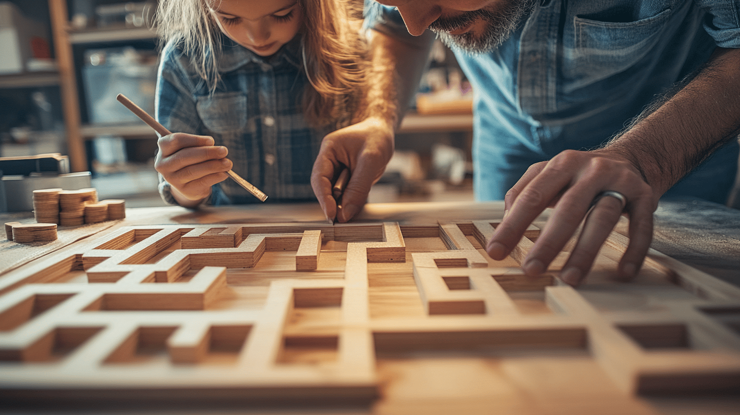 A parent and child arranging maze walls on the base, gluing them down