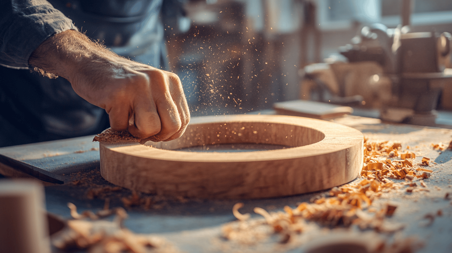 Someone sanding the wooden circle