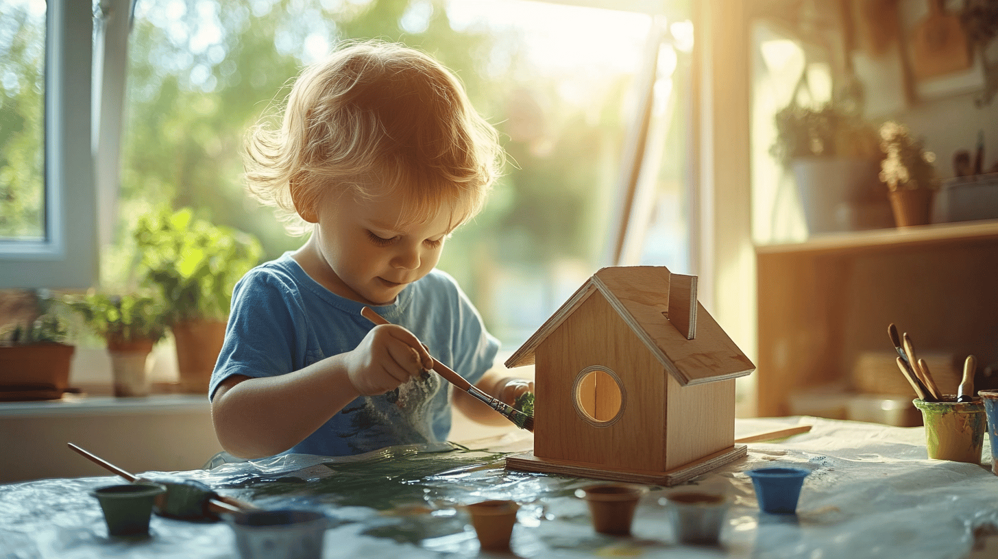 A child painting the birdhouse with non-toxic paint