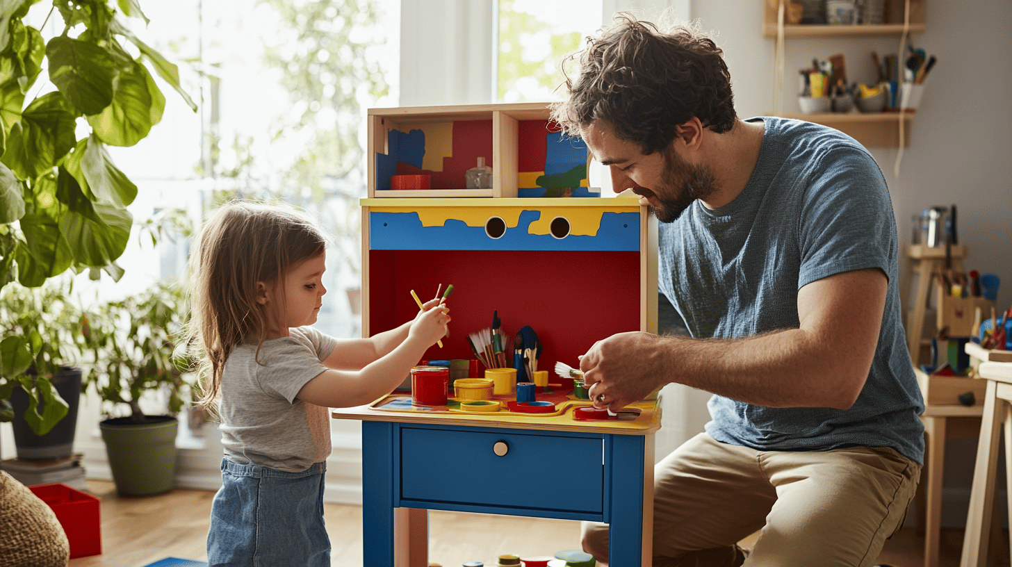 Applying colorful paint to the DUKTIG play kitchen parts