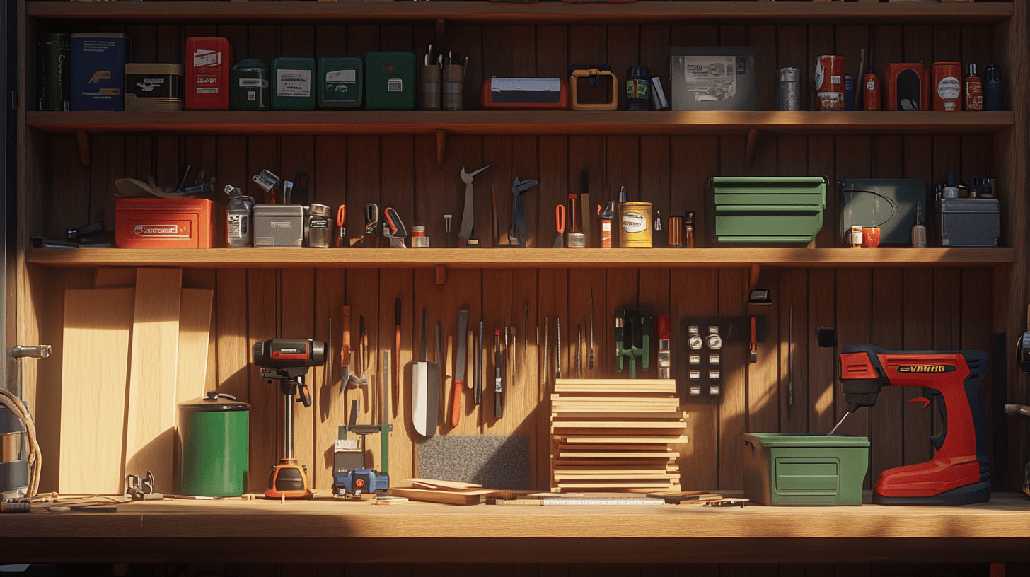 A collection of wood boards, screws, and paint cans on a workbench