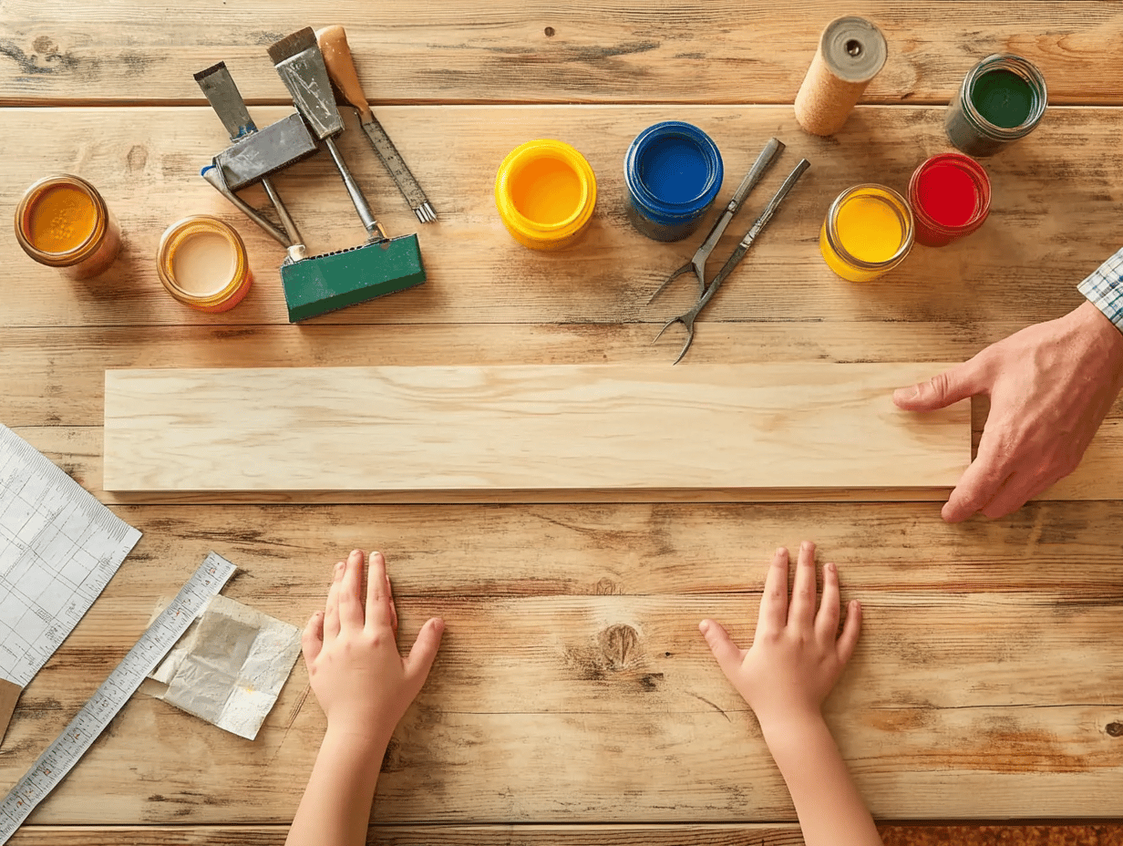 Workspace setup with tools and materials for making math learning blocks
