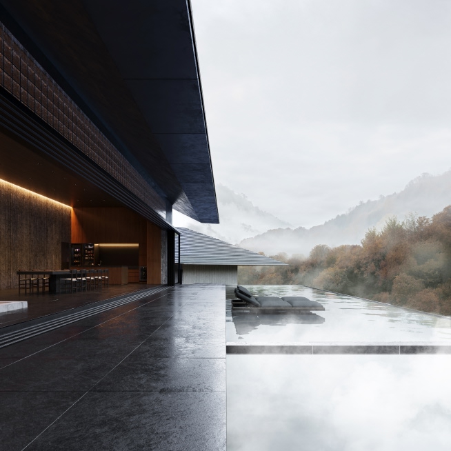 インフィニティプールと隣り合う、藤木川のせせらぎを感じる露天風呂