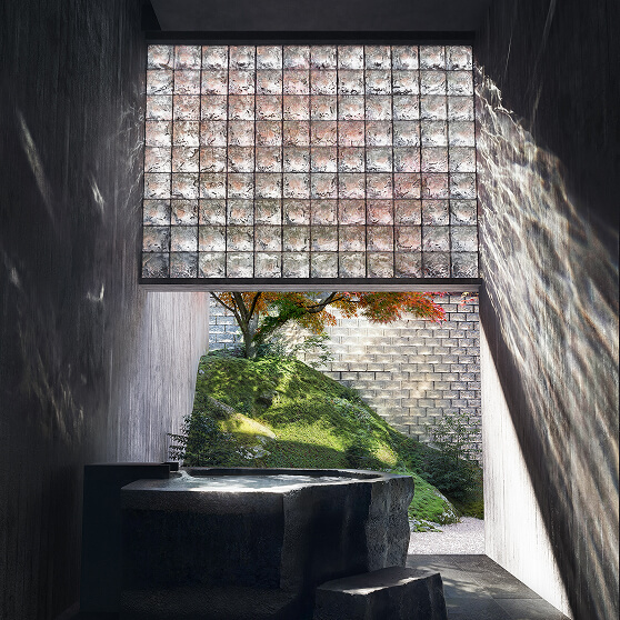 開放感と落ち着きを備えた、中庭に面する岩風呂