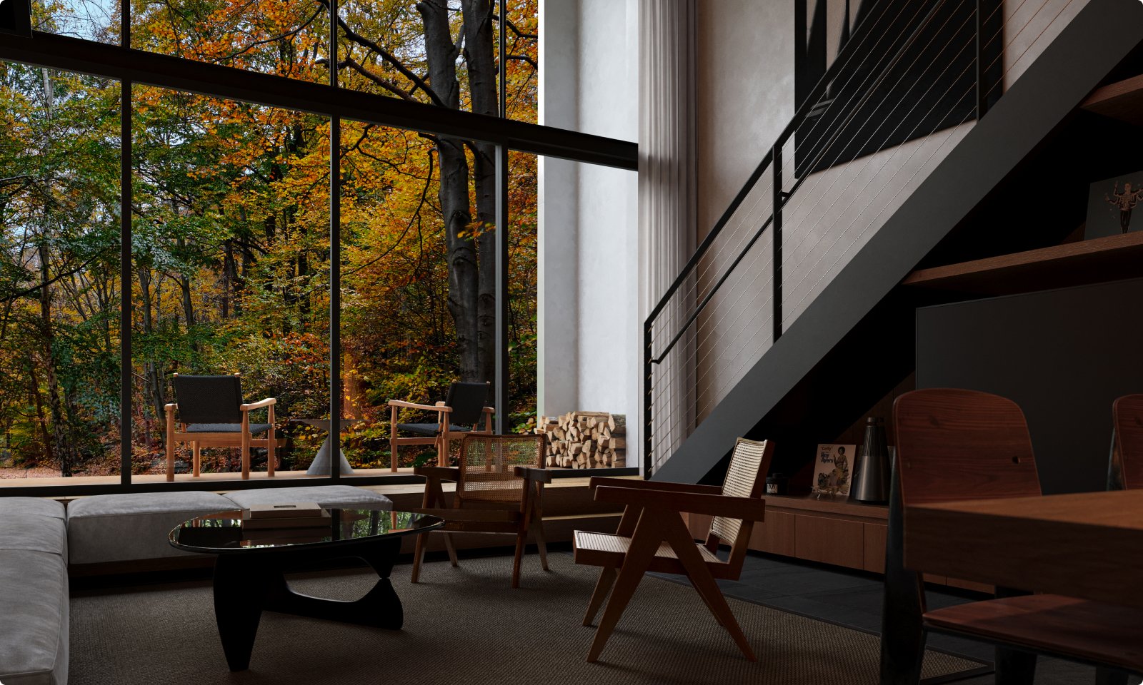 Sofa and terrace in the living and dining area