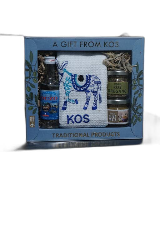 Gift Box with Towel, Ouzo, Pasta, Oregano