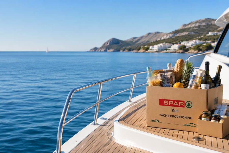 SPAR Kos provisioning box with sunglasses and groceries on a yacht deck overlooking turquoise Aegean water and a sailing yacht near the Kos coastline.