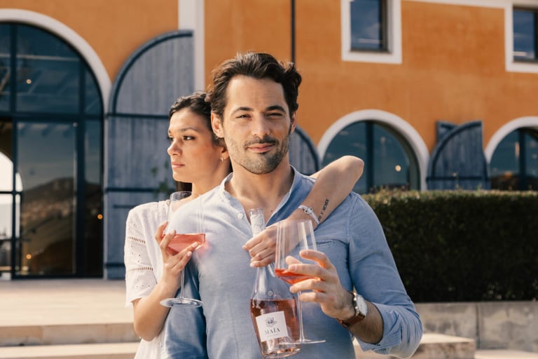 Couple outdoors toasting with wine glasses