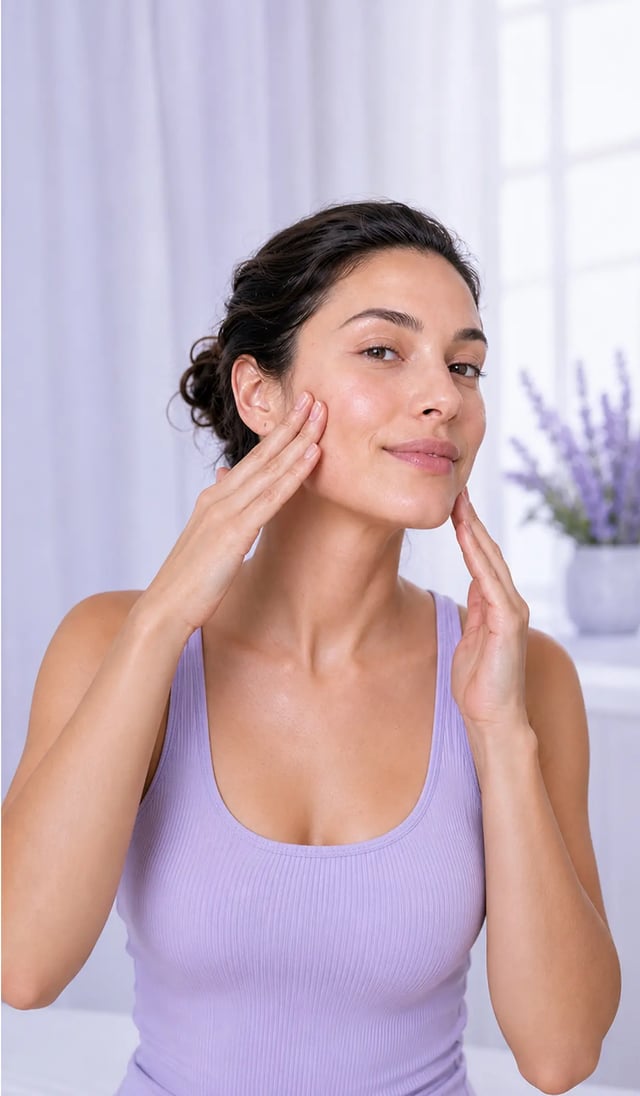 A woman lifting and sculpting her face with a guided massage
