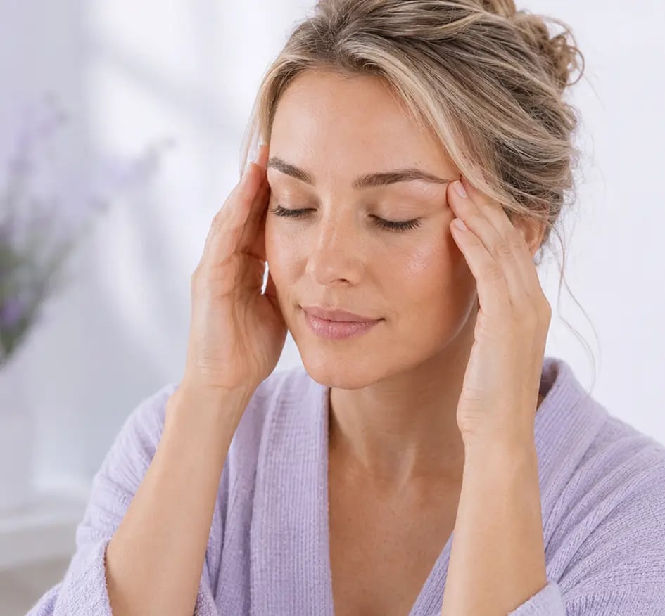A woman releasing tension in her jaw and neck