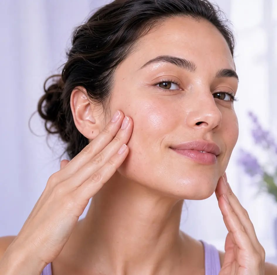 A woman performing a facial massage as part of her routine