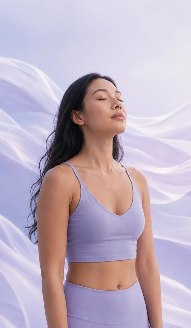 A woman breathing slowly during a calming practice