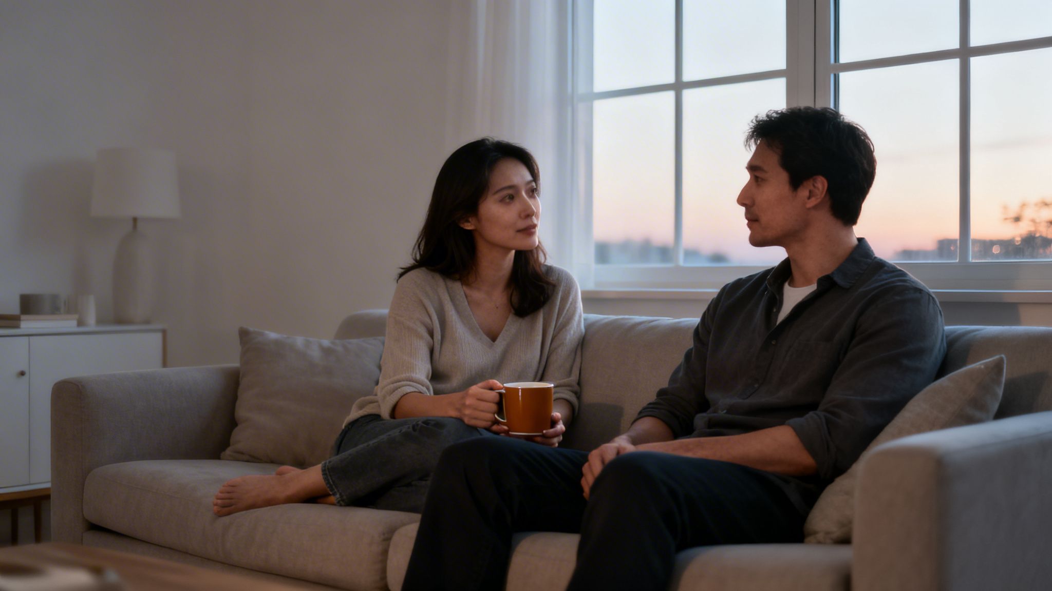 A man and woman sit on a sofa in a cozy living room, conversing during sunset.