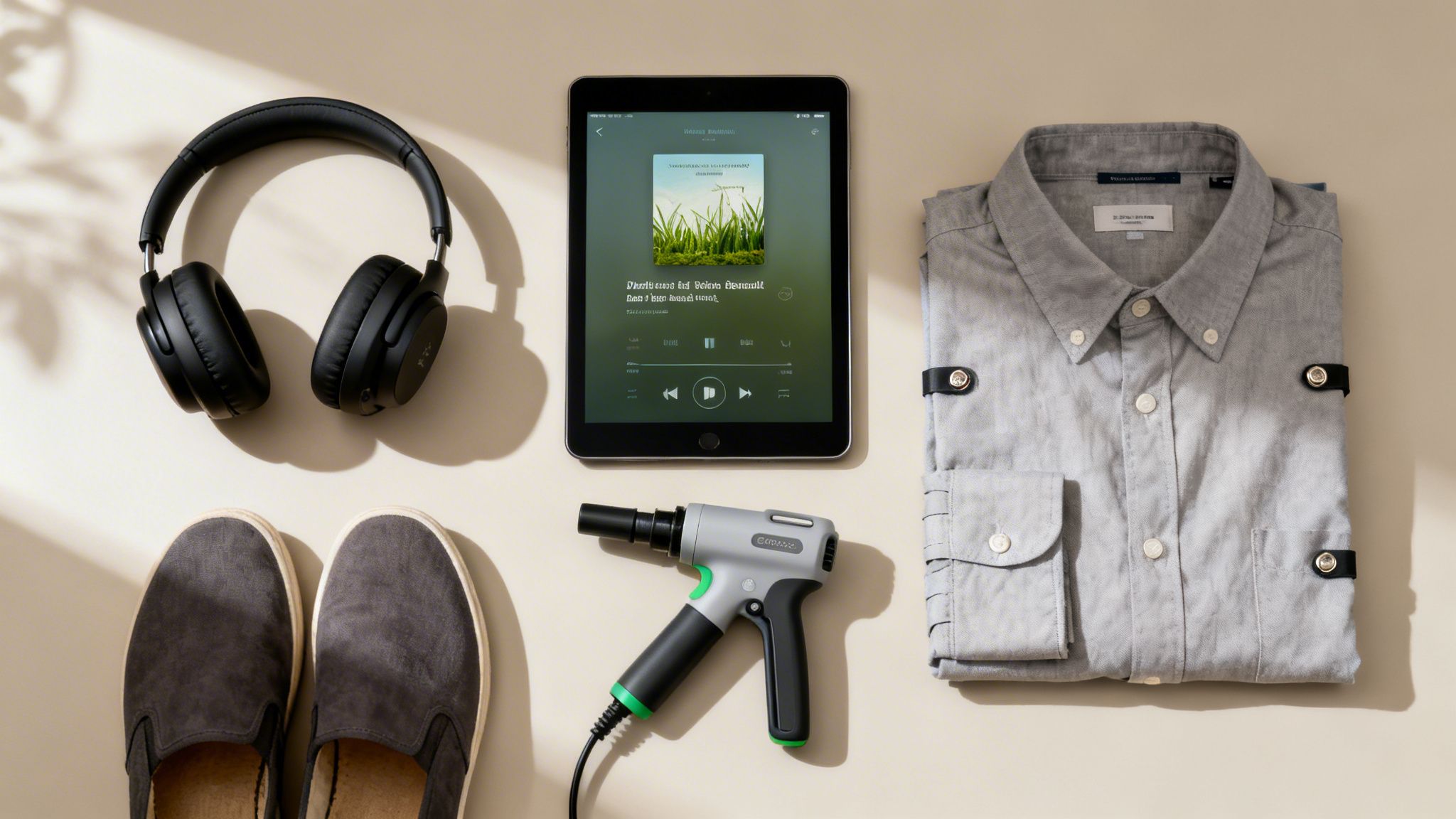 A flat lay of a tablet, headphones, folded shirt, slip-on shoes, and a percussive massager.