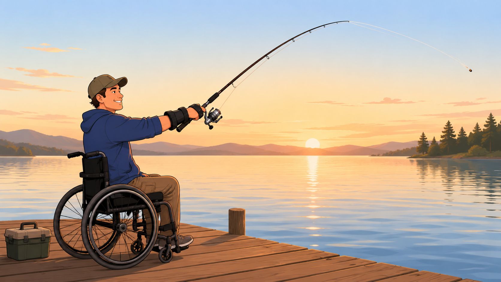 A smiling man in a wheelchair using adapted fishing equipment on a wooden dock during a sunset.