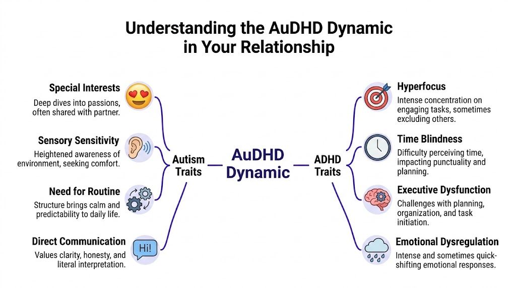 A diagram illustrating the combined traits of Autism and ADHD within an AuDHD relationship dynamic.