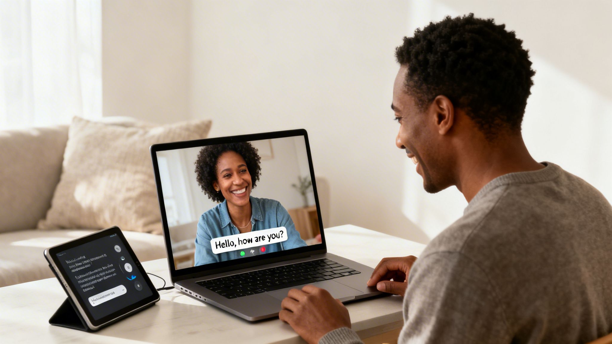 A man smiles while on a video call on a laptop, with a tablet displaying live captions.