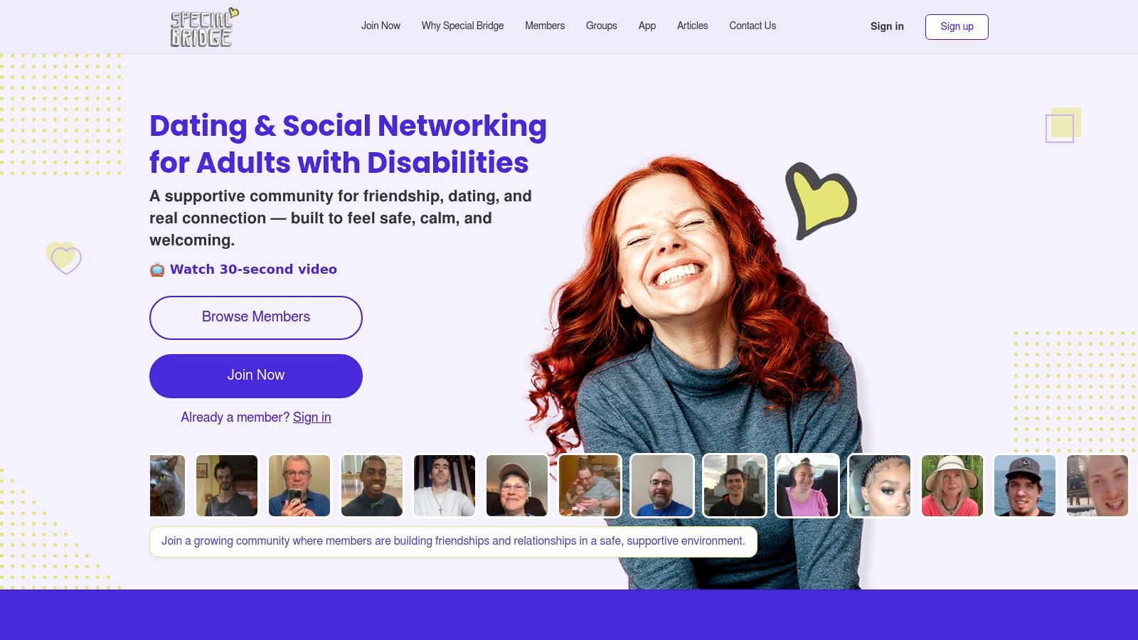 A screenshot of the Special Bridge dating and social networking site, showing user profiles and community features.