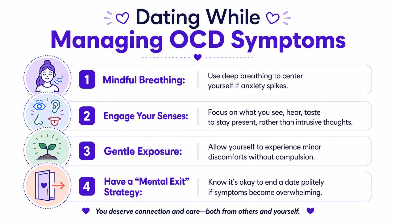 An infographic titled Dating While Managing OCD Symptoms, featuring four tips to cope with anxiety during dates.