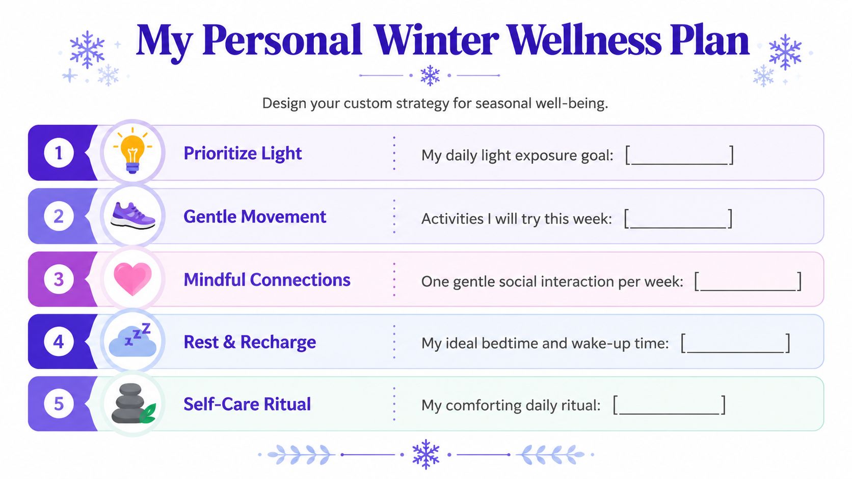 A worksheet titled My Personal Winter Wellness Plan with five numbered categories for tracking healthy habits.