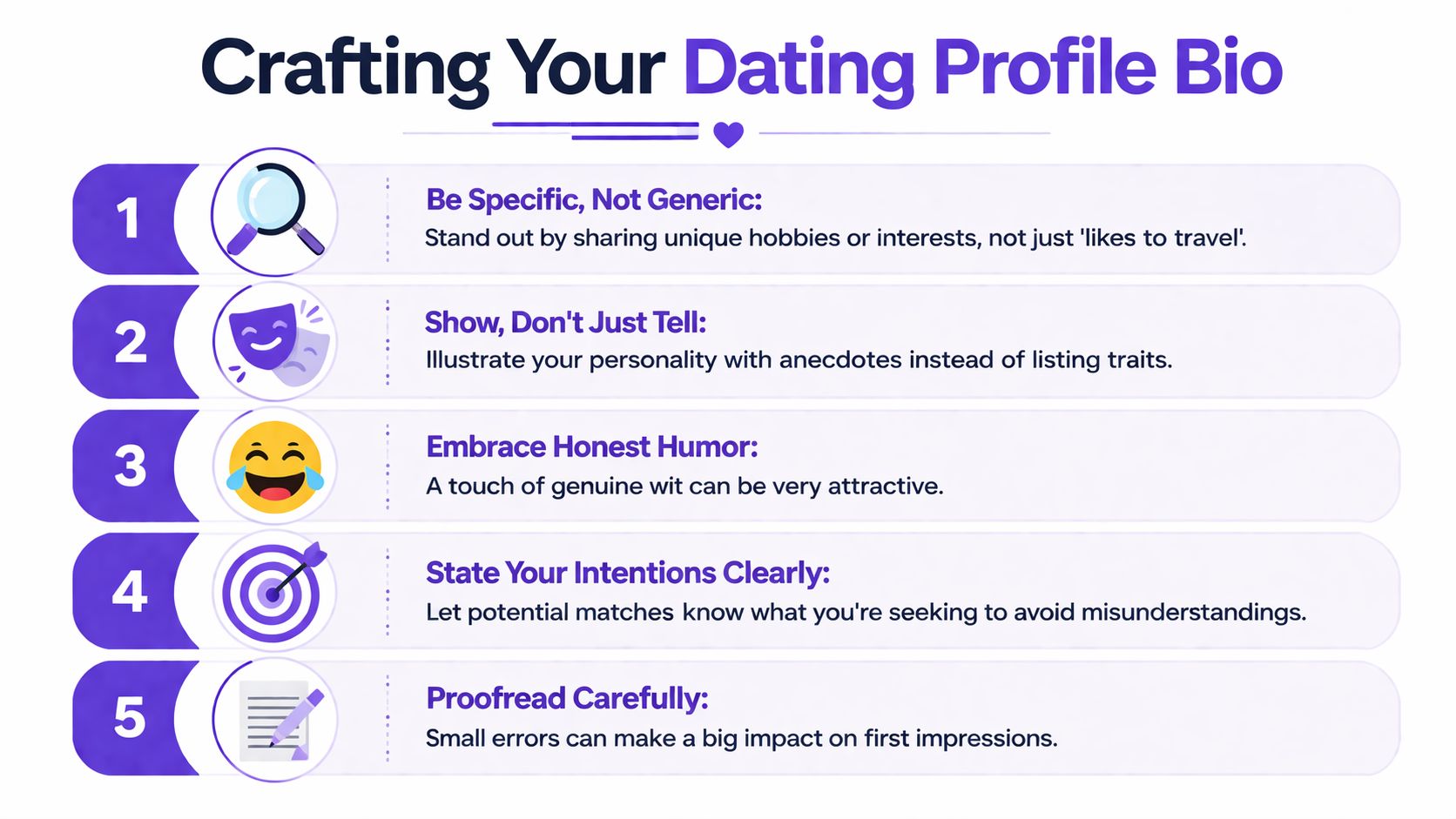 A list of five tips for crafting an effective and attractive online dating profile bio.
