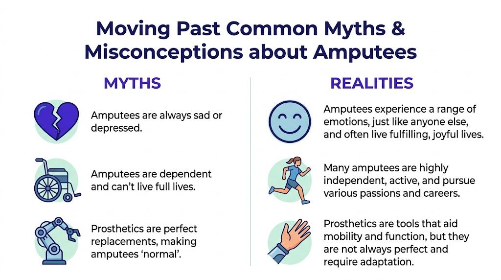 An infographic comparing common myths about amputees with the realities of their daily lives and emotional health.