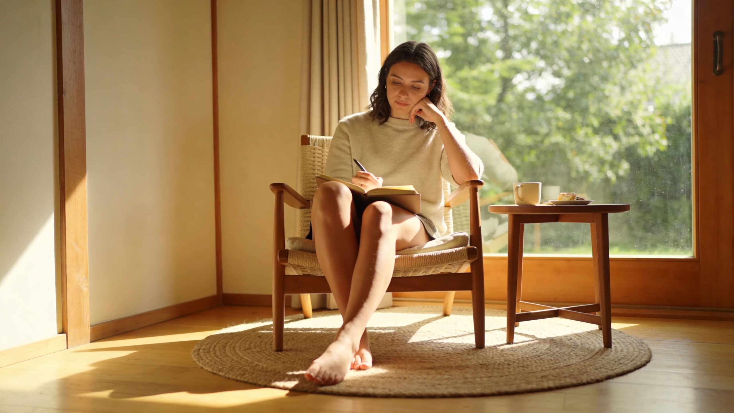 A young woman sits in a sunlit chair by a window, writing in a notebook while relaxing.