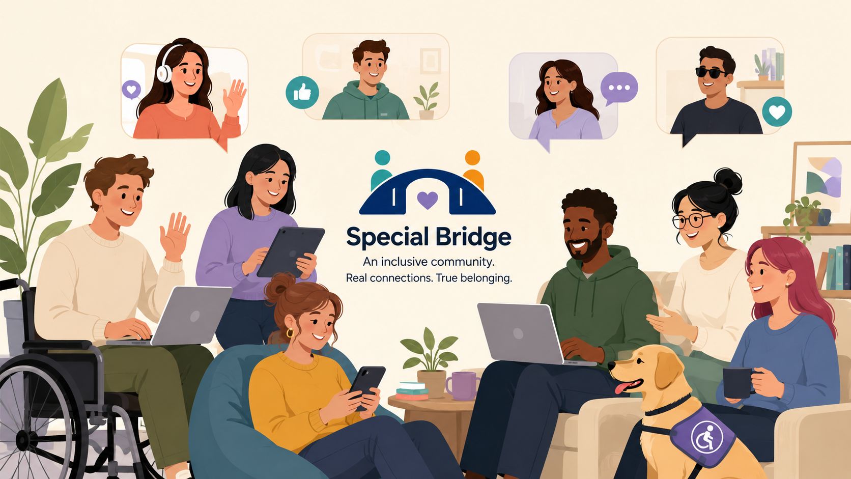 A diverse group of adults engaging in an inclusive community, symbolizing real connections and true belonging.